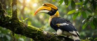 Majestic hornbill bird perched on moss-covered branch in tropical rainforest with golden sunlight filtering through lush green foliage creating natural bokeh.