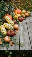 Autumn harvest display with pumpkins, squash, tomatoes and apples arranged on rustic wooden table with ivy and fallen leaves for seasonal decoration.