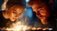 Intimate moment captured in warm candlelight as couple leans close together, faces illuminated by soft golden glow, creating romantic atmospheric scene.