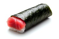 Fresh tuna sushi roll wrapped in dark nori seaweed on white background, showcasing vibrant red fish and white rice, isolated for menu and food service design.