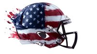 American football helmet with patriotic USA flag design and red paint splash effect on side view, isolated on white background for sports and national pride concepts.