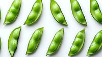 Fresh green pea pods with water drops arranged in rows on white background, organic vegetable pattern isolated for healthy food design.