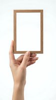Hand holding empty wooden picture frame isolated on white background for mockup design and presentation purposes.