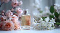Elegant perfume bottle surrounded by delicate pink roses and white spring blossoms on soft white surface, creating romantic atmosphere for beauty product photography.