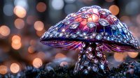 Magical glowing mushroom with crystal-like patterns against blurred bokeh background in purple and orange hues, creating enchanted forest atmosphere.