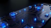Futuristic circuit board with glowing blue LED lights and electronic components on dark background for technology and innovation concepts.