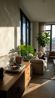 Modern minimalist living room with natural sunlight streaming through large windows, featuring wooden furniture and lush green houseplants for contemporary home decor.