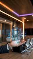 Businessman holding digital hologram with circuit board and technology icons in modern office with ambient lighting and conference room setup.