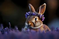 Adorable brown rabbit wearing crown of purple lavender flowers in blooming lavender field at sunset, soft bokeh background creates dreamy atmosphere.
