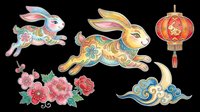 Colorful lunar new year clipart set with rabbits, lantern, flowers, moon, and clouds, isolated on transparent background, ready for stickers, sublimation, and print on demand.