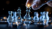 Glowing chess pieces on dark reflective surface with magical sparkles and finger touching king piece, creating mystical atmosphere for strategy concepts.