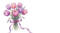 Pink and purple tulip bouquet with ribbon bow isolated on white background for spring greeting cards and floral design projects.