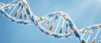 DNA double helix structure with colorful genetic code segments on blue background for medical research and biotechnology applications.