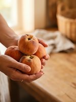 Person holding fresh ripe apples in hands at home kitchen with warm natural light, suitable for organic food, healthy eating, and lifestyle content.