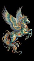 Ornate winged pegasus with intricate decorative patterns in teal, gold, and orange isolated on transparent background. Ready for t-shirts, stickers, clipart, and print-on-demand designs.