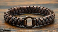 Braided brown leather bracelet with bronze ring clasp on rustic wooden surface, featuring intricate woven pattern and vintage-style metal hardware.