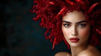 Young woman with vibrant red curly hair and dramatic makeup against dark background, artistic beauty portrait highlighting bold lips and intense gaze.