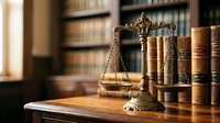 Golden scales of justice on wooden desk in law library with legal books for attorney office and courtroom concepts.