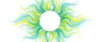 Watercolor sun with flowing rays in shades of turquoise, green, and yellow, isolated on white background for design projects.