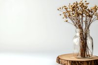 Dried baby's breath flowers in glass mason jar on wooden slice against white background, minimalist rustic home decor composition with copy space.