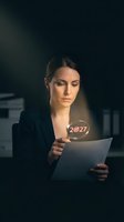 Professional woman with dark hair, Caucasian ethnicity, wearing black blazer, holding tablet with glowing 2027 hologram display in dark office environment for future technology concepts.