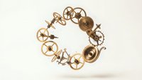 Vintage clockwork gears and springs arranged in circular formation on white background, isolated mechanical parts for steampunk design projects.