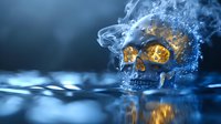 Mystical skull with glowing golden eyes emerging from water surface amid swirling smoke, dramatic blue lighting creates ethereal atmosphere for fantasy art.