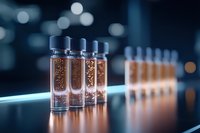 Glass vials with brown powder substance lined up in laboratory setting with blue bokeh background and reflective surface, scientific research concept.