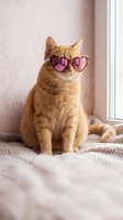 Orange tabby cat wearing pink heart-shaped sunglasses sitting on bed by window in cozy bedroom interior for Valentine's Day celebration and pet fashion concepts.