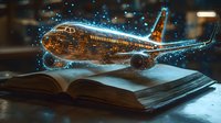 Magical glowing passenger aircraft emerging from open book pages with luminous blue energy trails and particles, creating surreal storytelling atmosphere.