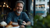 Mature Caucasian businessman with gray beard enjoying coffee break in modern cafe, smiling warmly while holding cup during evening hours with city lights background.