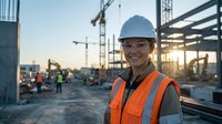 Smiling female construction worker in hard hat and safety vest at busy building site during golden hour with cranes and equipment in background.