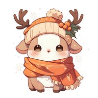 Adorable winter deer character wearing knit beanie and orange scarf with holly berry decoration, drawn in kawaii chibi style on white background.