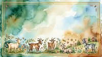 Watercolor farm animals grazing in pastoral meadow with wildflowers, vintage botanical border frame, countryside landscape artwork for home decor and agricultural themed designs.