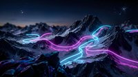 Neon light trails flow through dramatic mountain peaks under starry night sky, creating glowing cyan and magenta waves across rocky terrain for digital art and sci-fi projects.