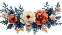 Elegant floral arrangement with navy blue leaves and blooming roses in coral and cream colors, watercolor style composition on white background for wedding design.