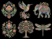 Ornamental floral motifs, hummingbird, decorated elephant, and dragonfly isolated on transparent background. Ready for t-shirt design, clipart, stickers, sublimation, and print-on-demand projects.