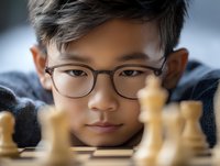 Young Asian male chess player wearing glasses focuses intently on chess pieces during tournament match, showing strategic thinking and concentration.
