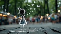 Whimsical chalk drawing of girl releasing hearts on urban sidewalk background with bokeh lights and blurred crowd, artistic street photography composition.