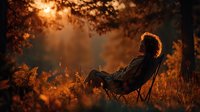 Young woman relaxing in camping chair during golden hour sunset in autumn forest with warm sunlight filtering through orange foliage creating peaceful outdoor moment.