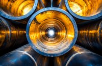 Abstract industrial background with metal pipeline tubes in golden yellow and blue colors illuminated from inside, creating circular geometric pattern and depth perspective.