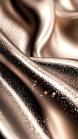 Luxurious brown satin fabric with sparkling glitter texture creates elegant flowing waves and folds, perfect for fashion and luxury backgrounds.