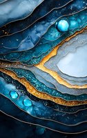 Abstract luxury background with blue and gold layers, water drops and cosmic elements. Marble effect with flowing lines creates depth and movement for wall art.