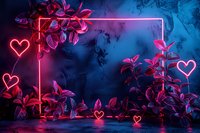 Romantic neon hearts and glowing frame with pink tropical leaves against dark blue background, perfect for Valentine's day designs, love themes, or modern party decorations.