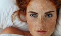 Close up portrait of young woman with natural freckles, red hair and blue eyes lying on white bedding, looking directly at camera with gentle expression.