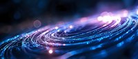 Cosmic spiral of glowing blue and purple light particles with bokeh effect on dark background, creating futuristic galaxy-like formation.