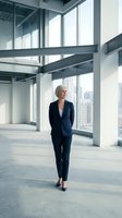 Mature woman, Caucasian, wearing dark navy business suit, standing in modern empty office space with floor-to-ceiling windows overlooking city skyline, concrete pillars, natural light, professional corporate environment.