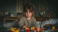 Young girl with messy hair playing with colorful toys in cozy bedroom. Child development, indoor activities, family life, parenting moments.