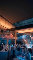 Modern trading floor with holographic financial data displays and stock market charts in futuristic office environment for business presentations.