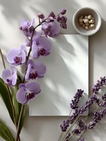 Purple orchid and lavender stems with white frame on light background with natural shadows and decorative bowl with pebbles, modern minimal composition.